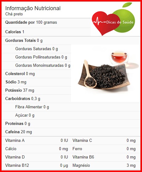 chá preto valor nutricional